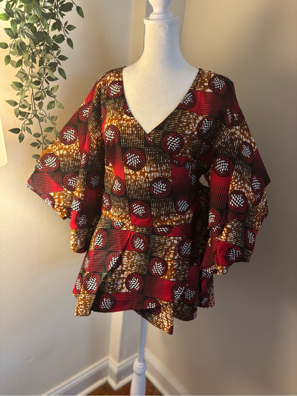 African Print V-Neck Peplum Top in Red, Brown & Black